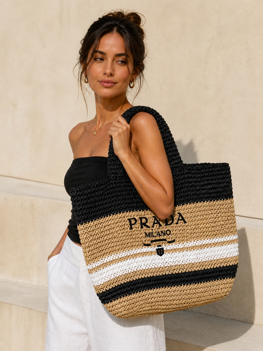 Miss Monaco Natural Black & White Stripe Raffia Tote
