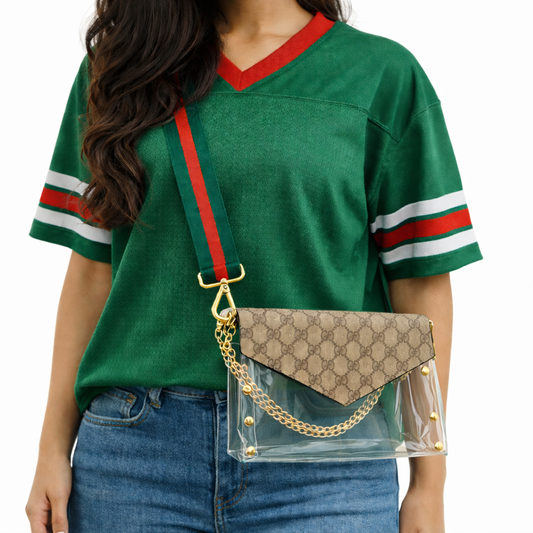 Preorder Large Clear Brown Gigi Stadium Bag With Studs & Stripe Strap