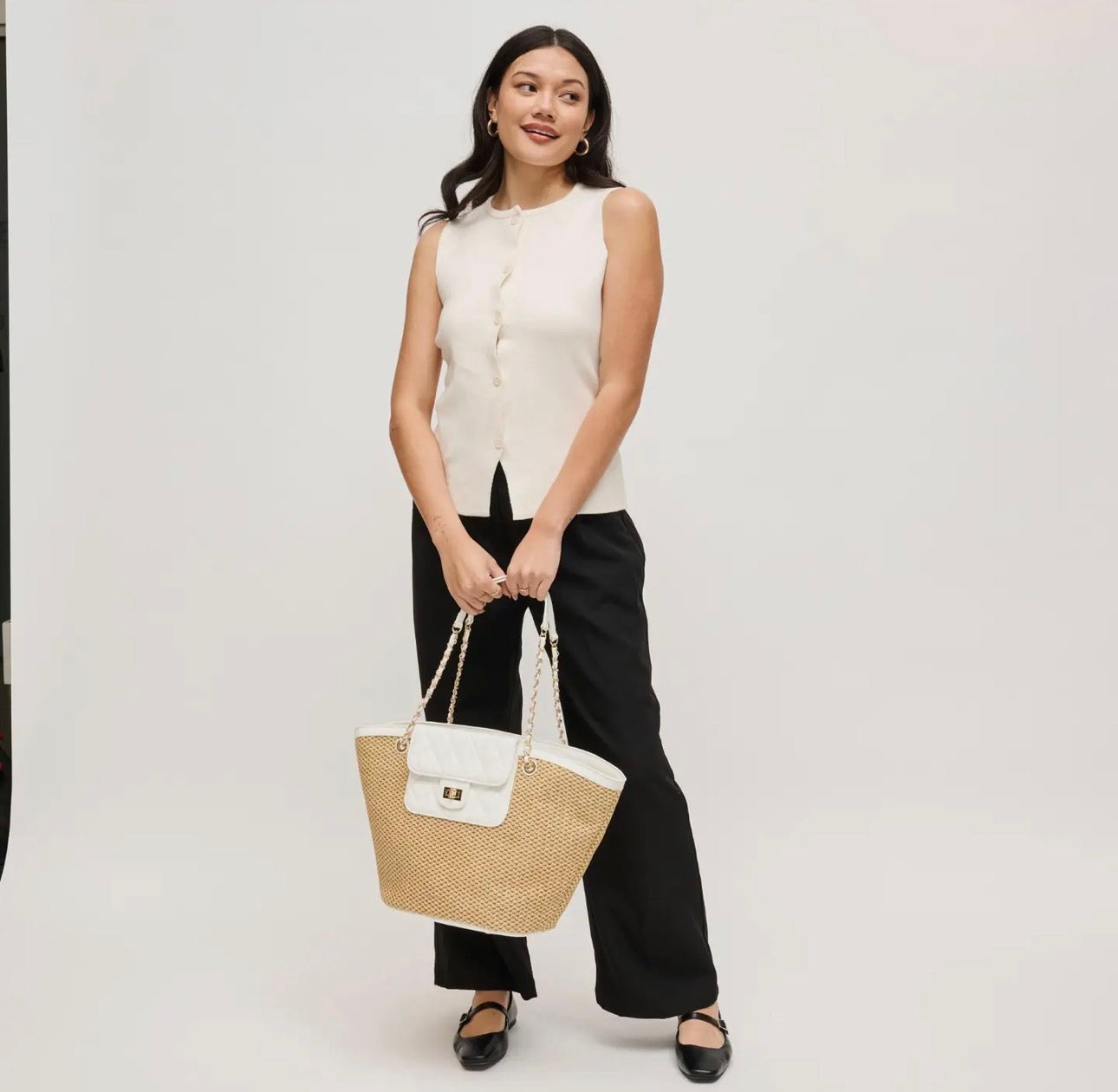 Miss Hamptons Woven Tote Bag With Chain