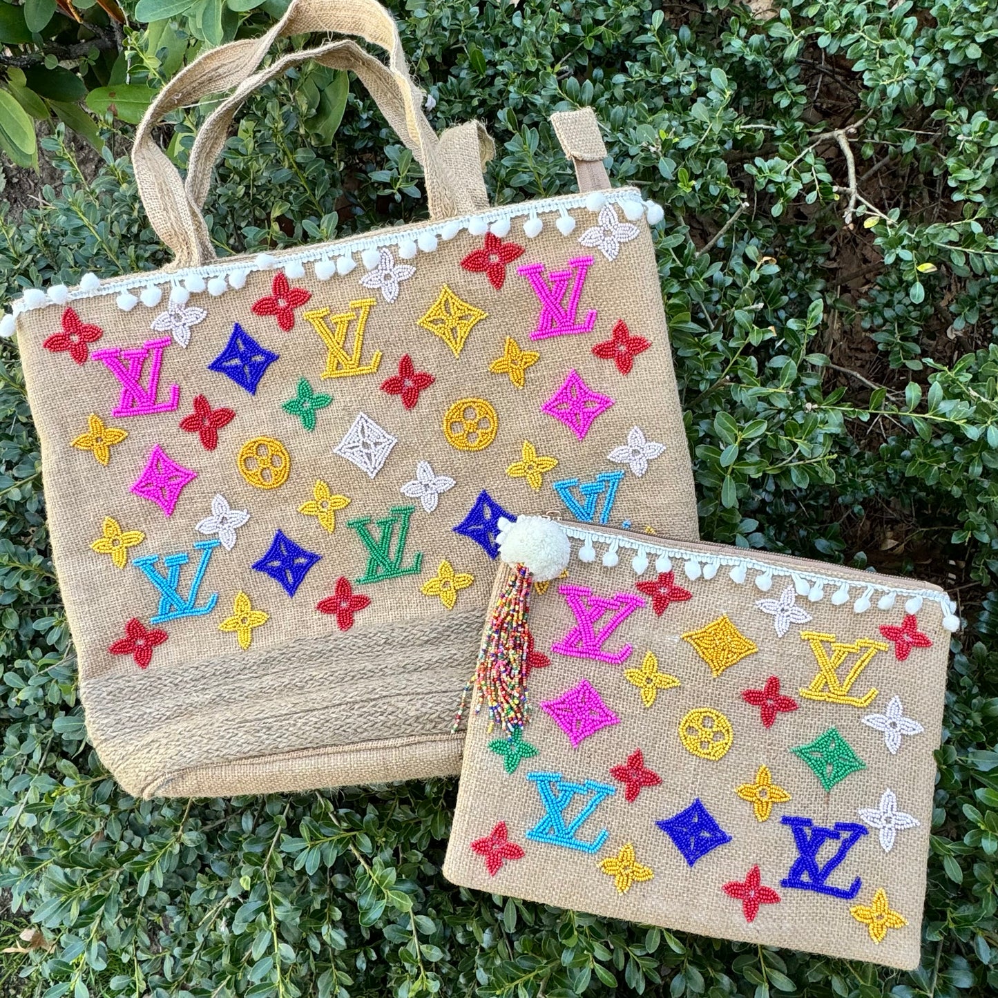 Preorder Miss Palm Beach - Multicolor Beaded Jute Tote With Zipper