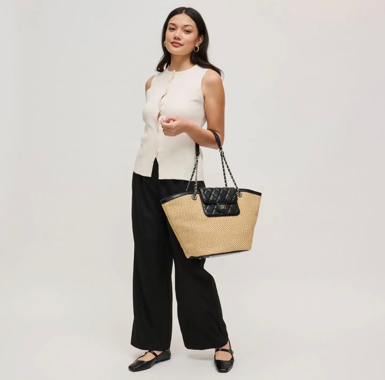 Miss Hamptons Woven Tote Bag With Chain