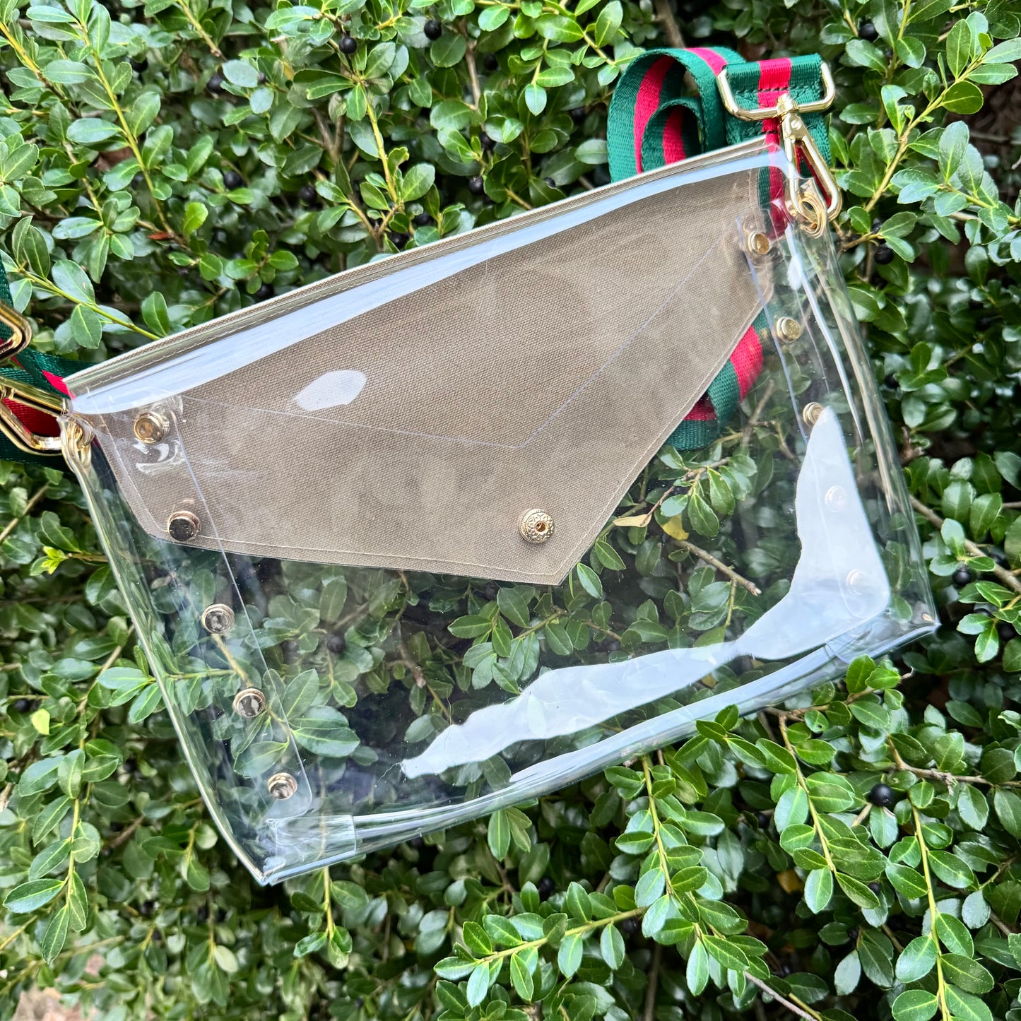 Preorder Large Clear Brown Gigi Stadium Bag With Studs & Stripe Strap