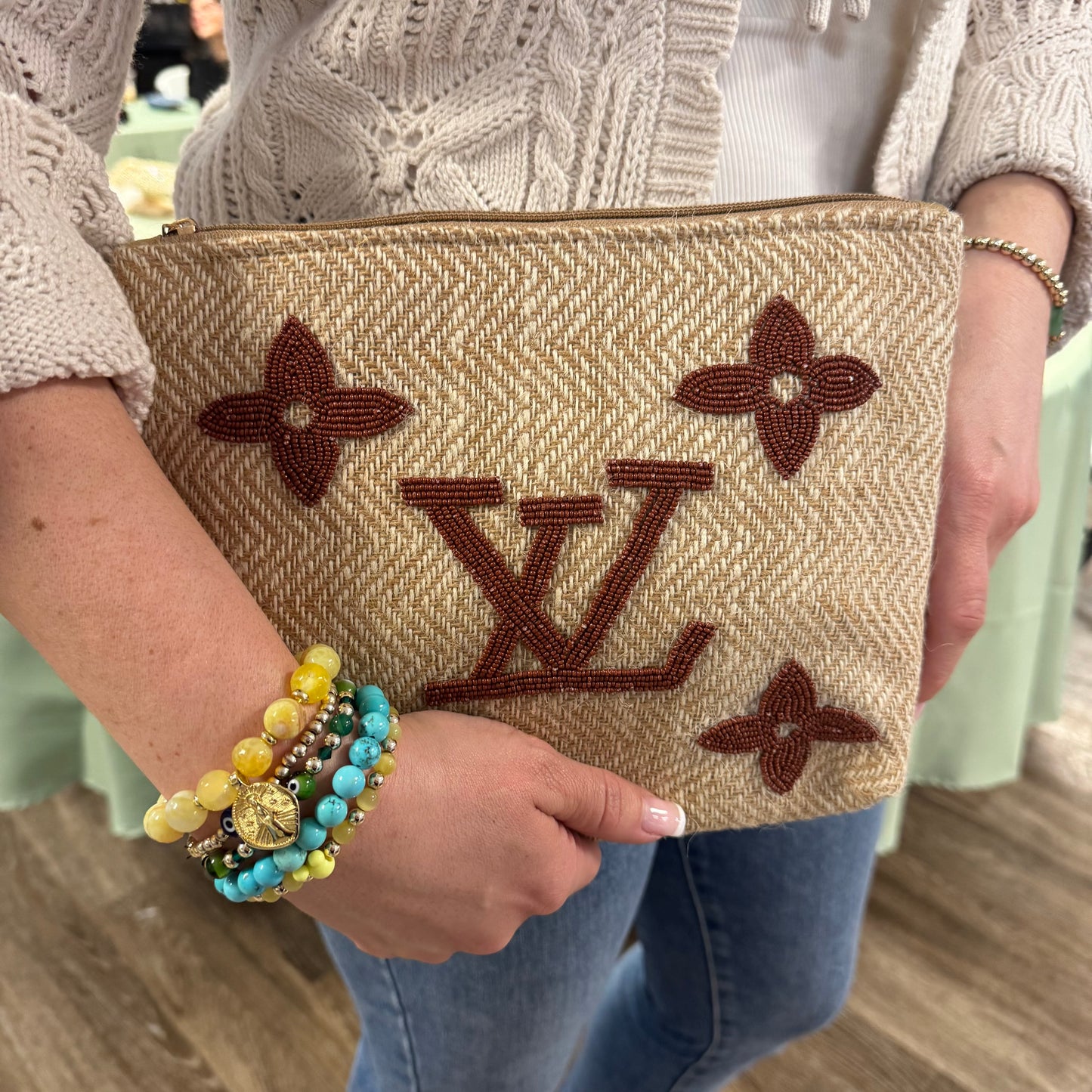 Miss Palm Beach - Lulu Brown Beaded Jute Pouch