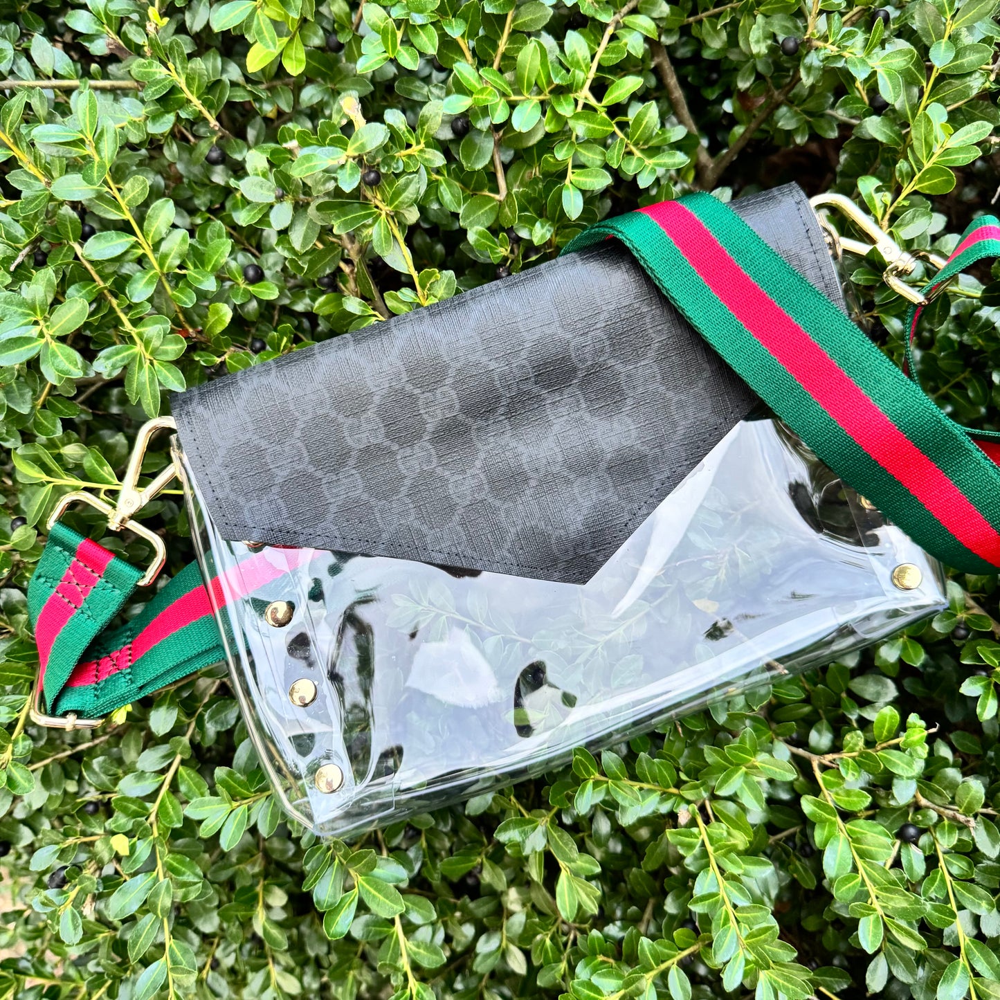 Large Clear Black Gigi Stadium Bag With Studs & Stripe Strap