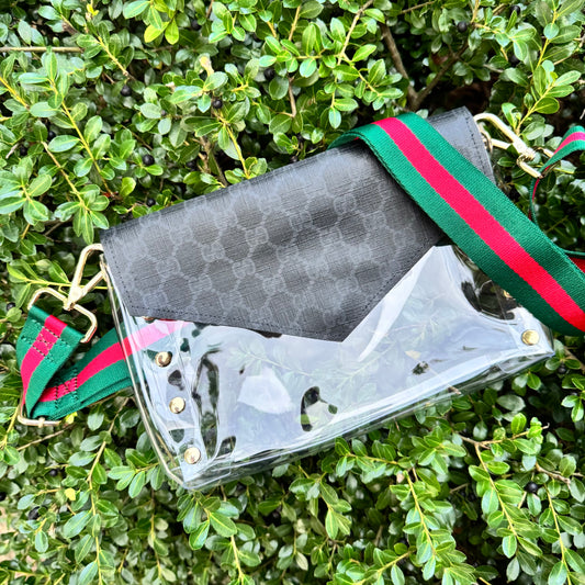 Large Clear Black Gigi Stadium Bag With Studs & Stripe Strap