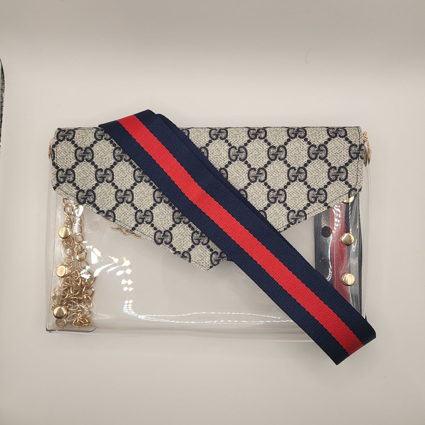 Large Clear Navy Gigi Stadium Bag With Studs & Stripe Strap