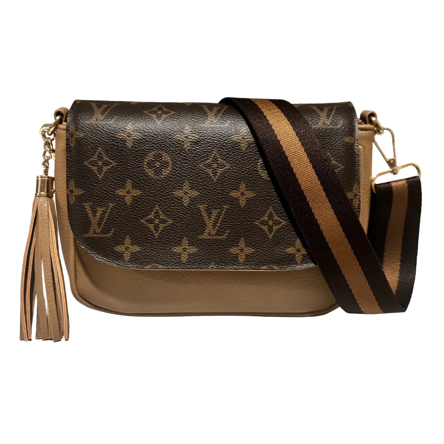 Preorder Miss Iconic - Beige Lulu Flap Crossbody Bag With Stripe Strap