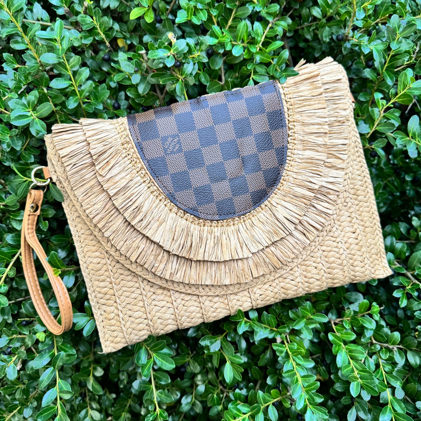 Large Raffia Clutch Crossbody in Lulu Brown Check