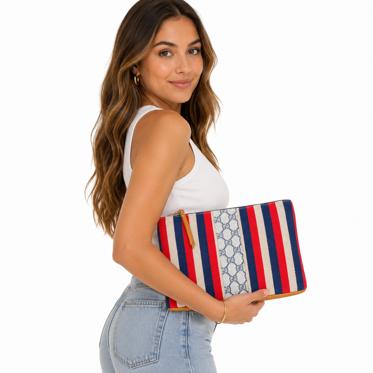 Miss Liberty Red Blue Stripe Zip Clutch Bag