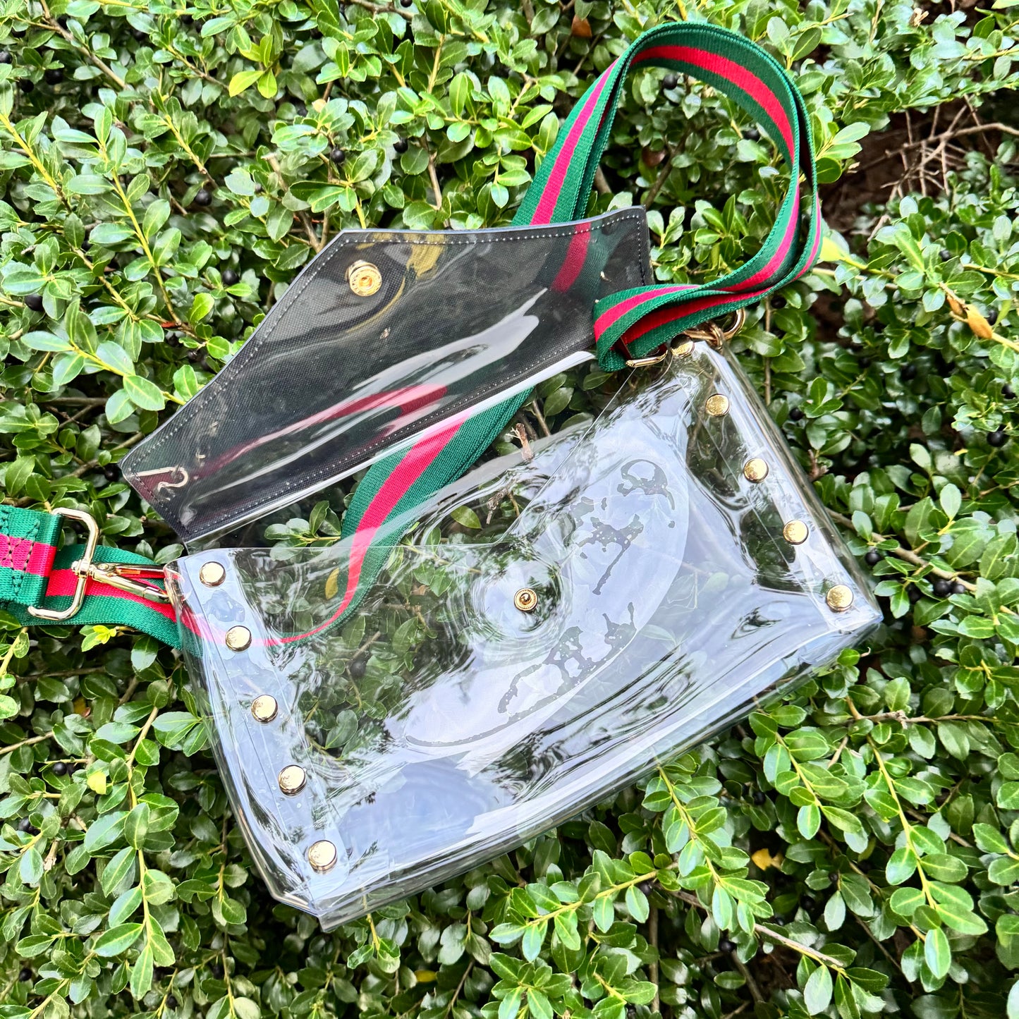 Large Clear Black Gigi Stadium Bag With Studs & Stripe Strap