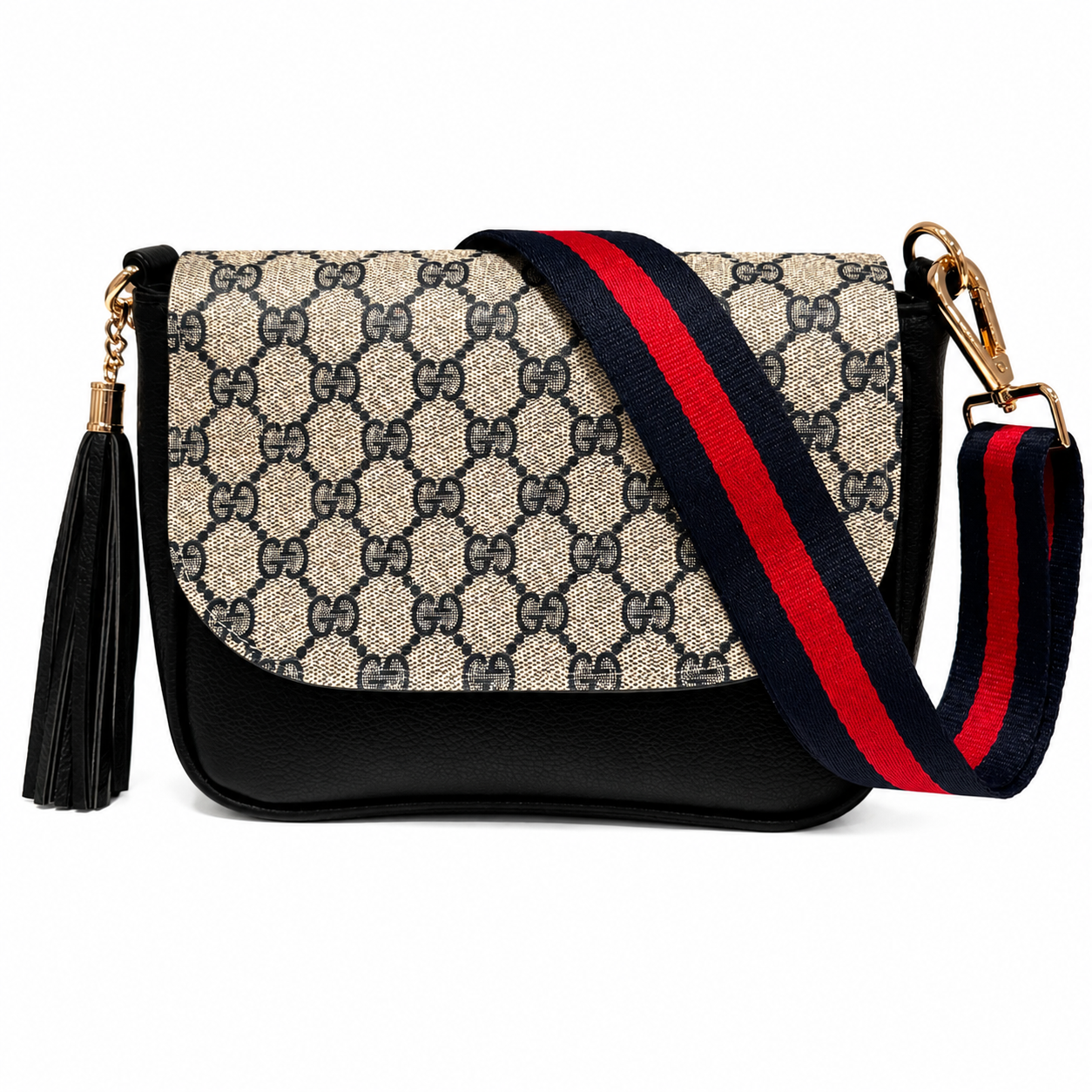 Miss Iconic - Navy Gigi Flap on Black Crossbody Bag With Stripe Strap