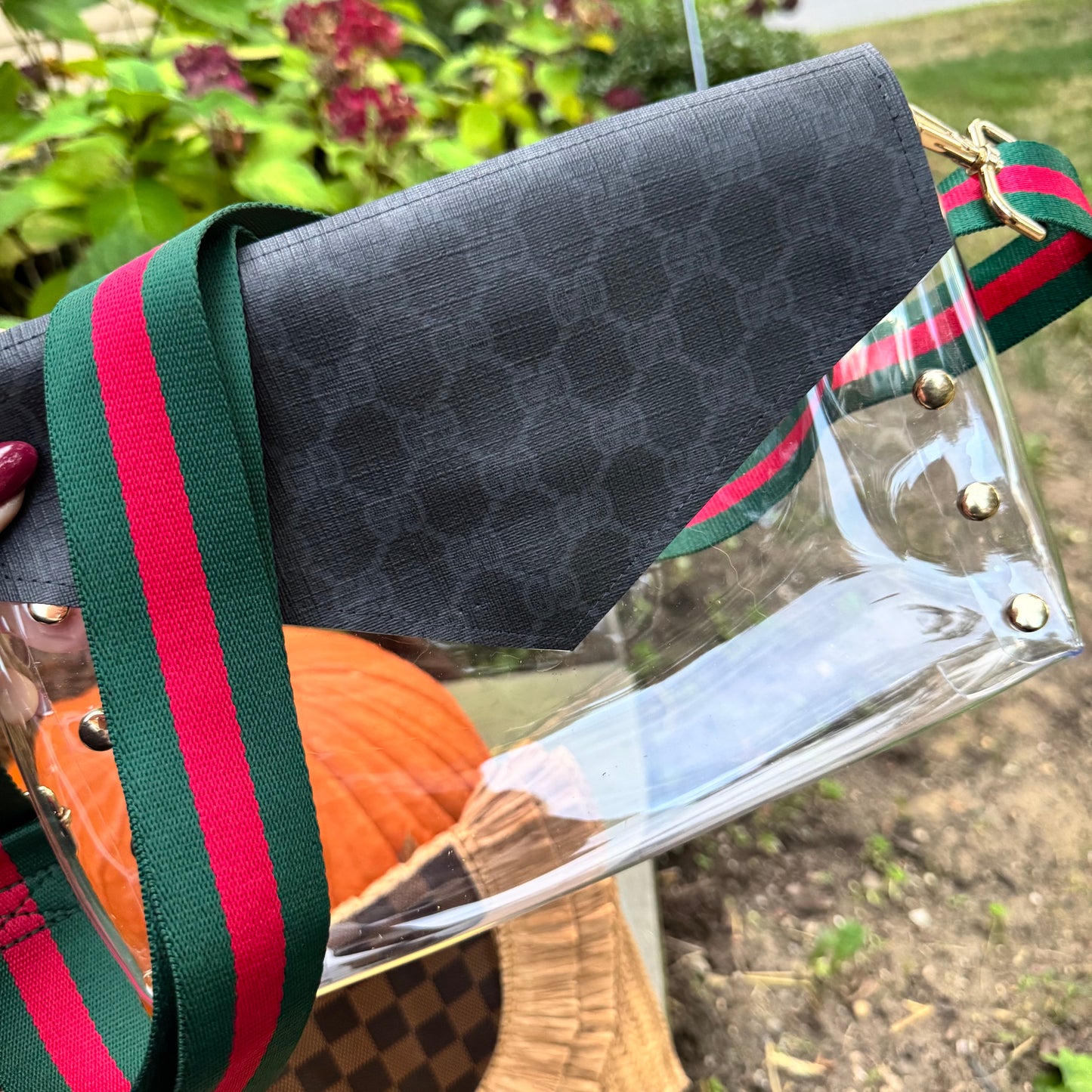 Large Clear Black Gigi Stadium Bag With Studs & Stripe Strap