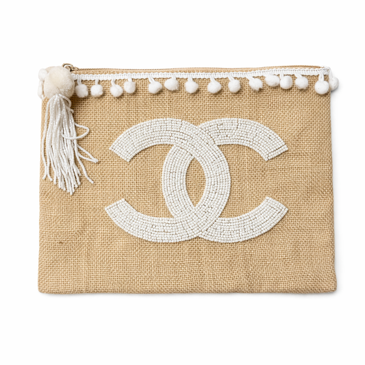 Miss Palm Beach - Koko White Beaded Jute Pouch