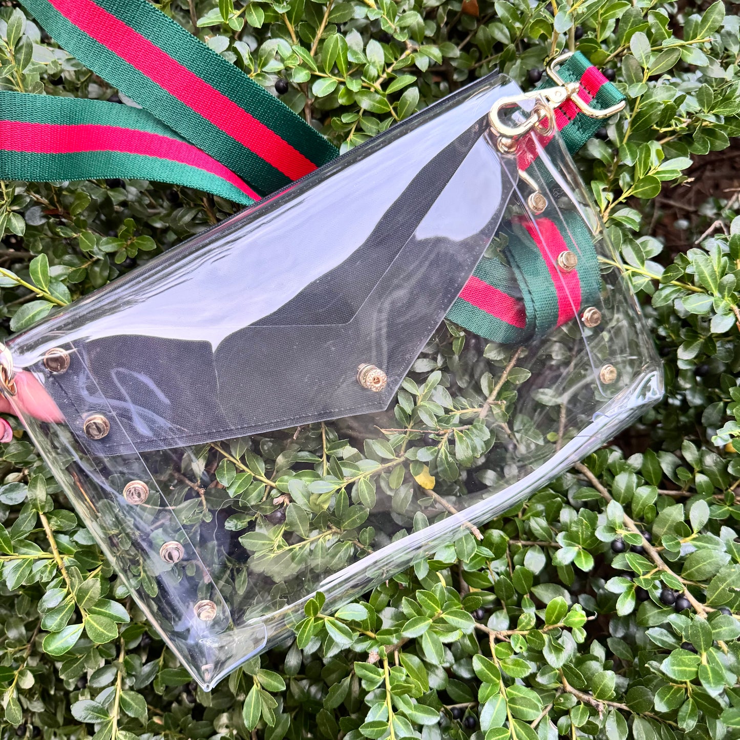 Large Clear Black Gigi Stadium Bag With Studs & Stripe Strap