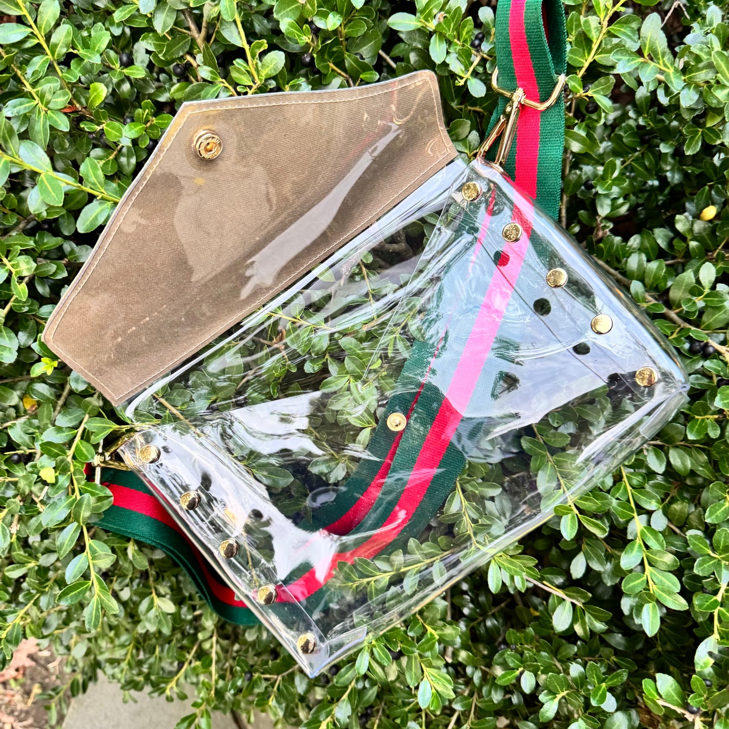 Preorder Large Clear Brown Gigi Stadium Bag With Studs & Stripe Strap