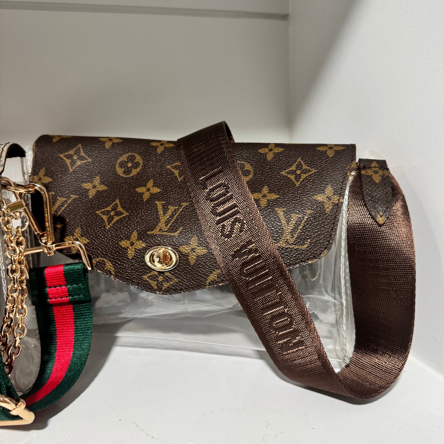 Miss Popularity Mono Clear Lulu Stadium Crossbody Bag With Turnlock & Brown Strap