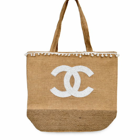 Miss Palm Beach - White Koko Beaded Jute Tote With Zipper