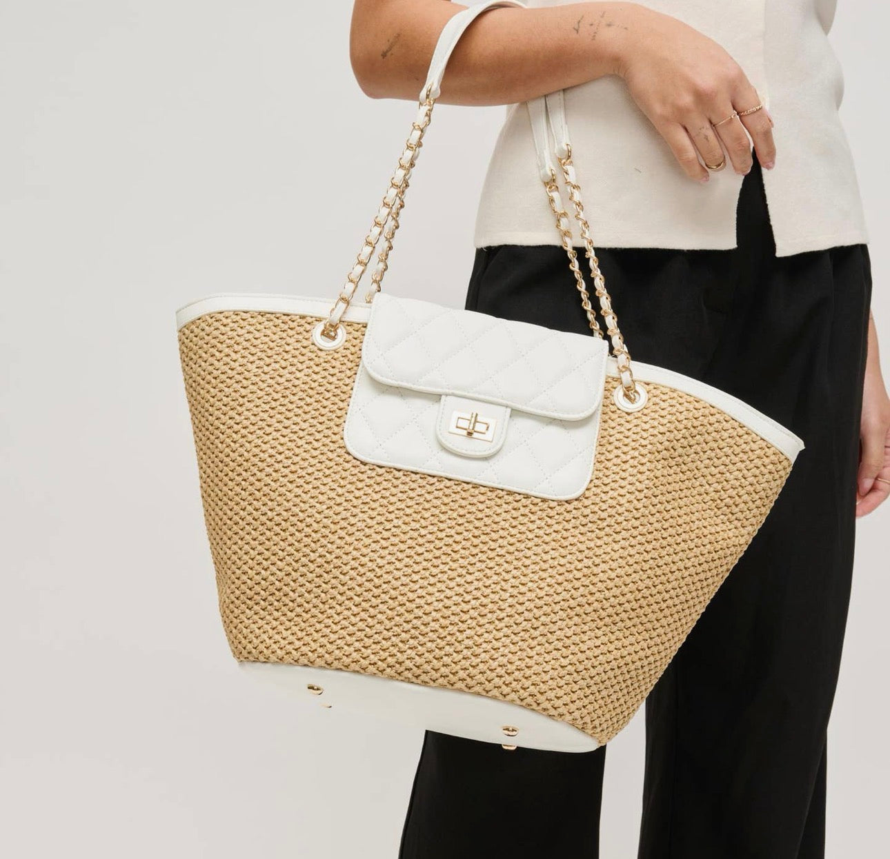 Miss Hamptons Woven Tote Bag With Chain