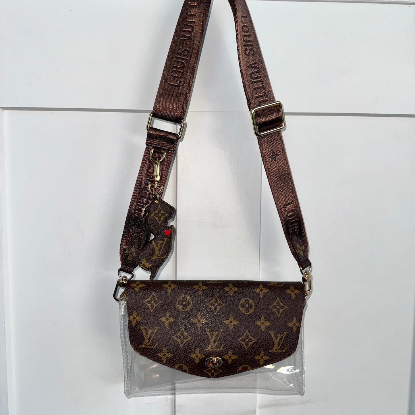 Miss Popularity Mono Clear Lulu Stadium Crossbody Bag With Turnlock & Brown Strap