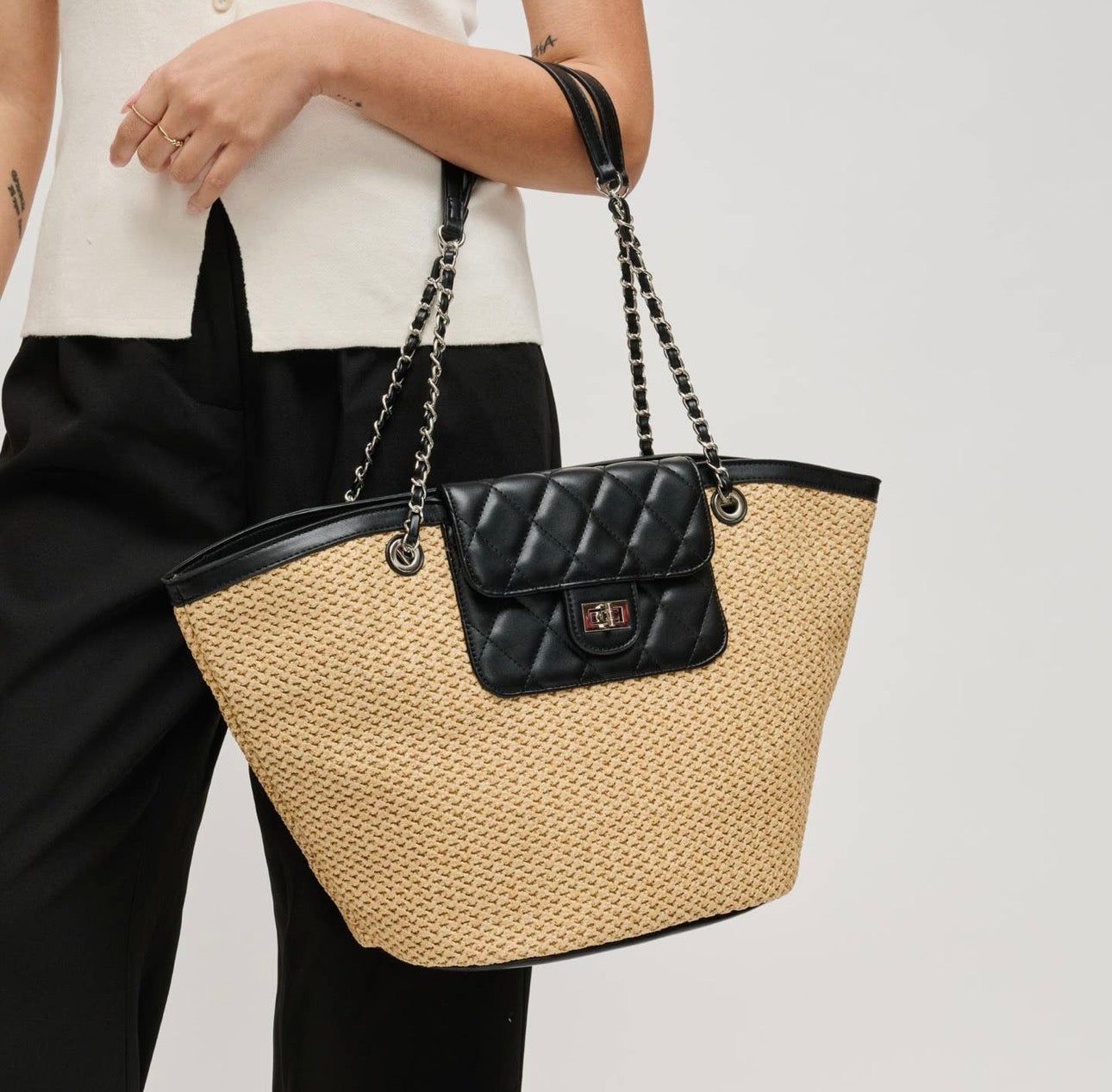 Miss Hamptons Woven Tote Bag With Chain