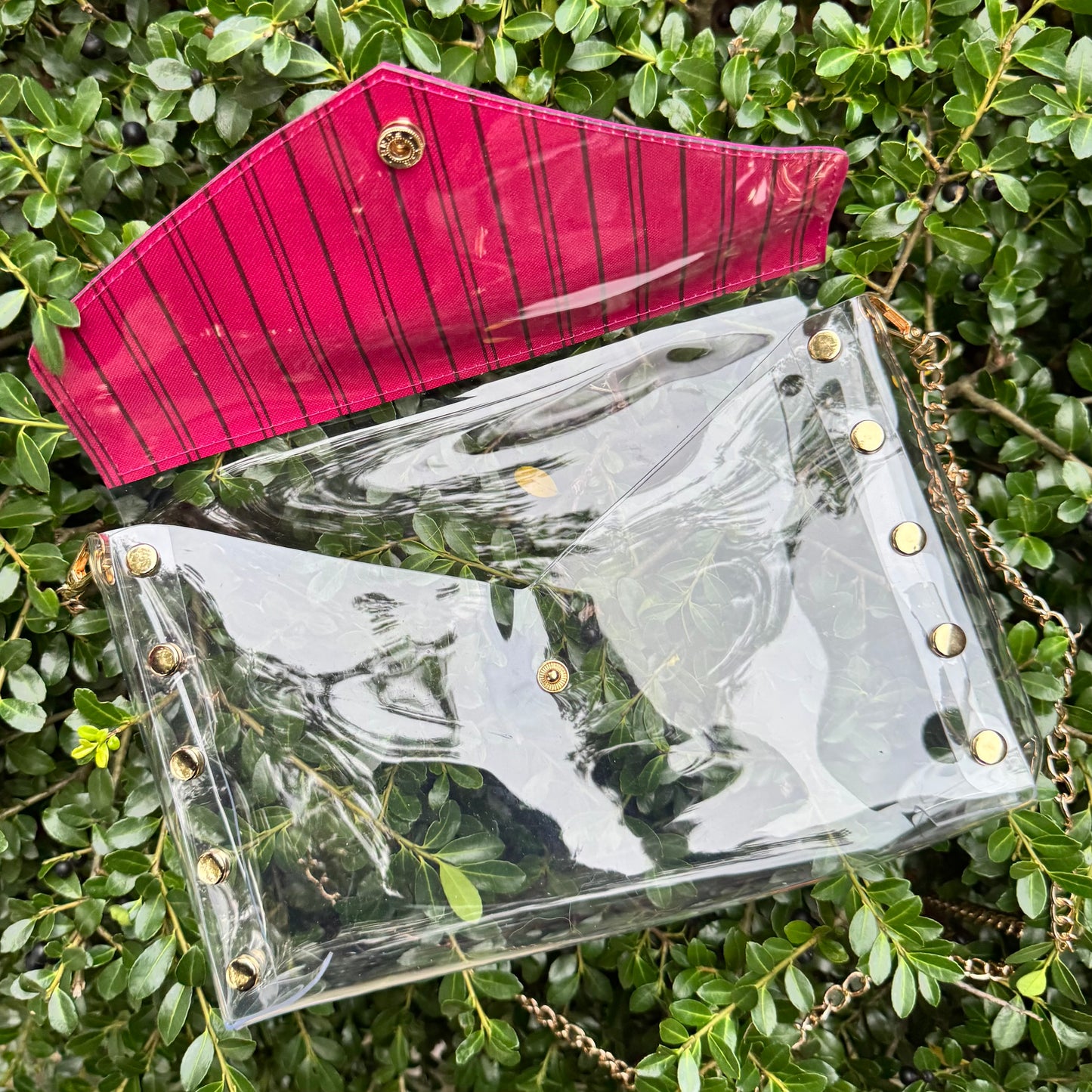 Large Clear Pink Lined Lulu Stadium Bag With Studs