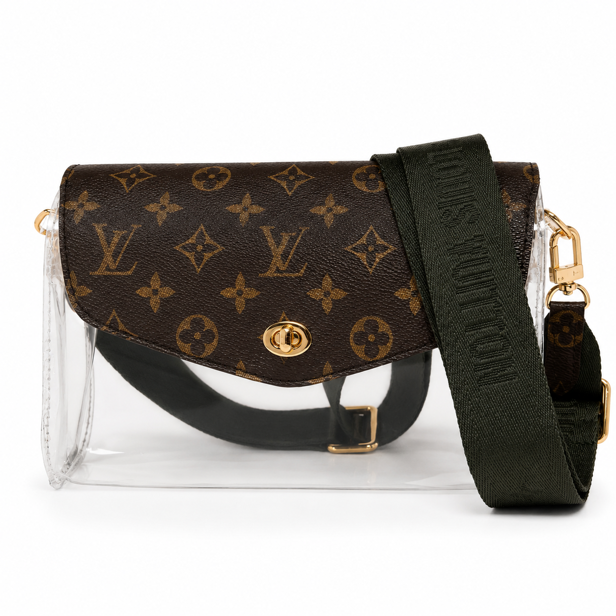 Miss Popularity Mono Clear Lulu Stadium Crossbody Bag With Army Green Strap