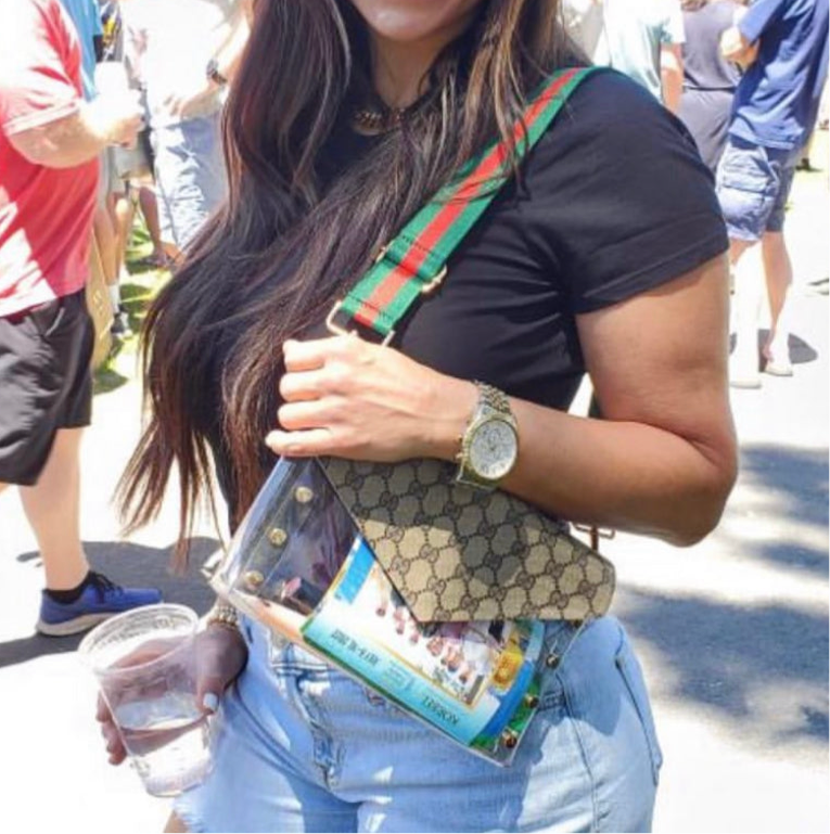 Preorder Large Clear Brown Gigi Stadium Bag With Studs & Stripe Strap