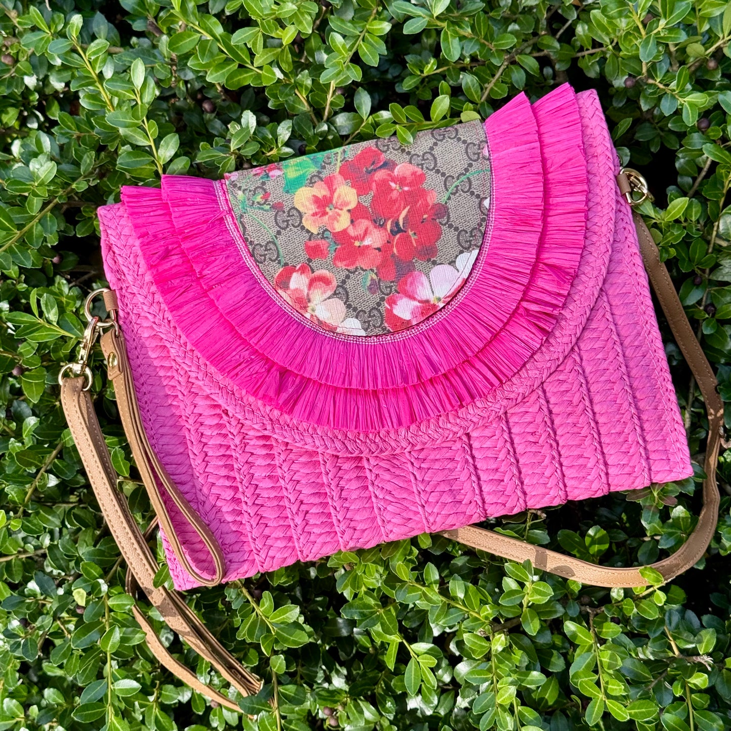 Hot Pink Gigi Floral Raffia Clutch Crossbody Bag