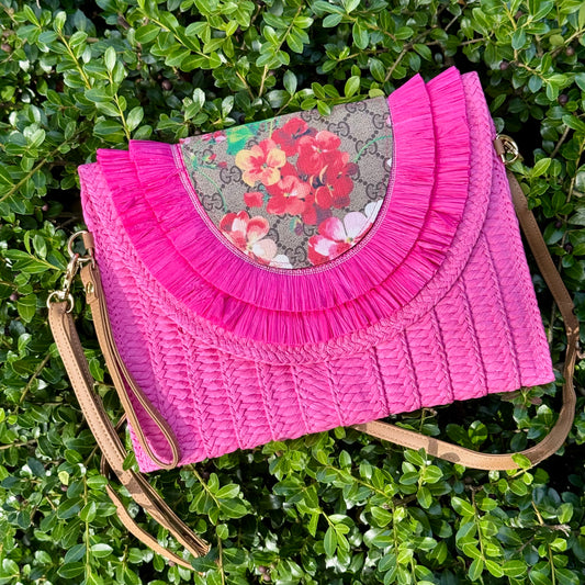 Hot Pink Gigi Floral Raffia Clutch Crossbody Bag