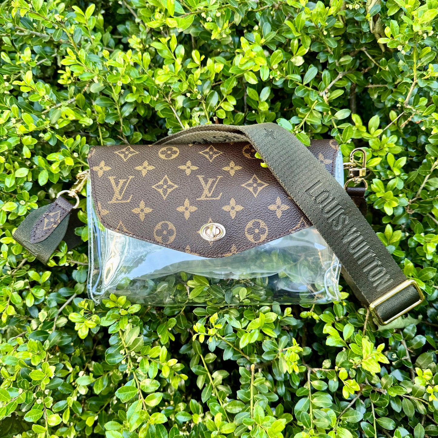 Miss Popularity Mono Clear Lulu Stadium Crossbody Bag With Army Green Strap