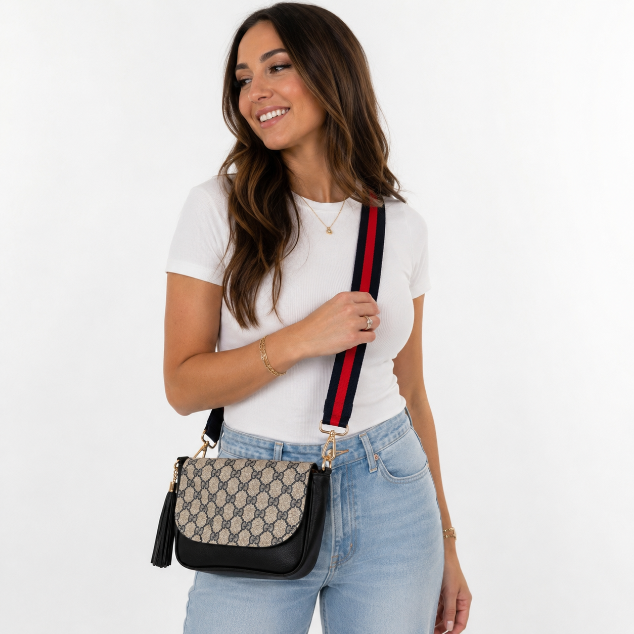 Miss Iconic - Navy Gigi Flap on Black Crossbody Bag With Stripe Strap