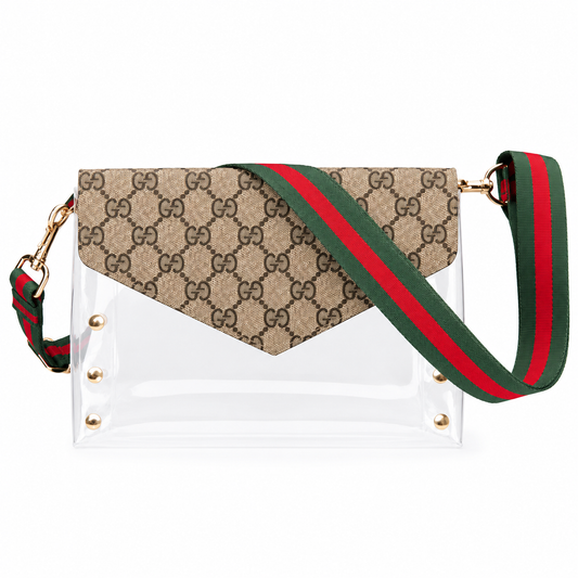 Preorder Large Clear Brown Gigi Stadium Bag With Studs & Stripe Strap