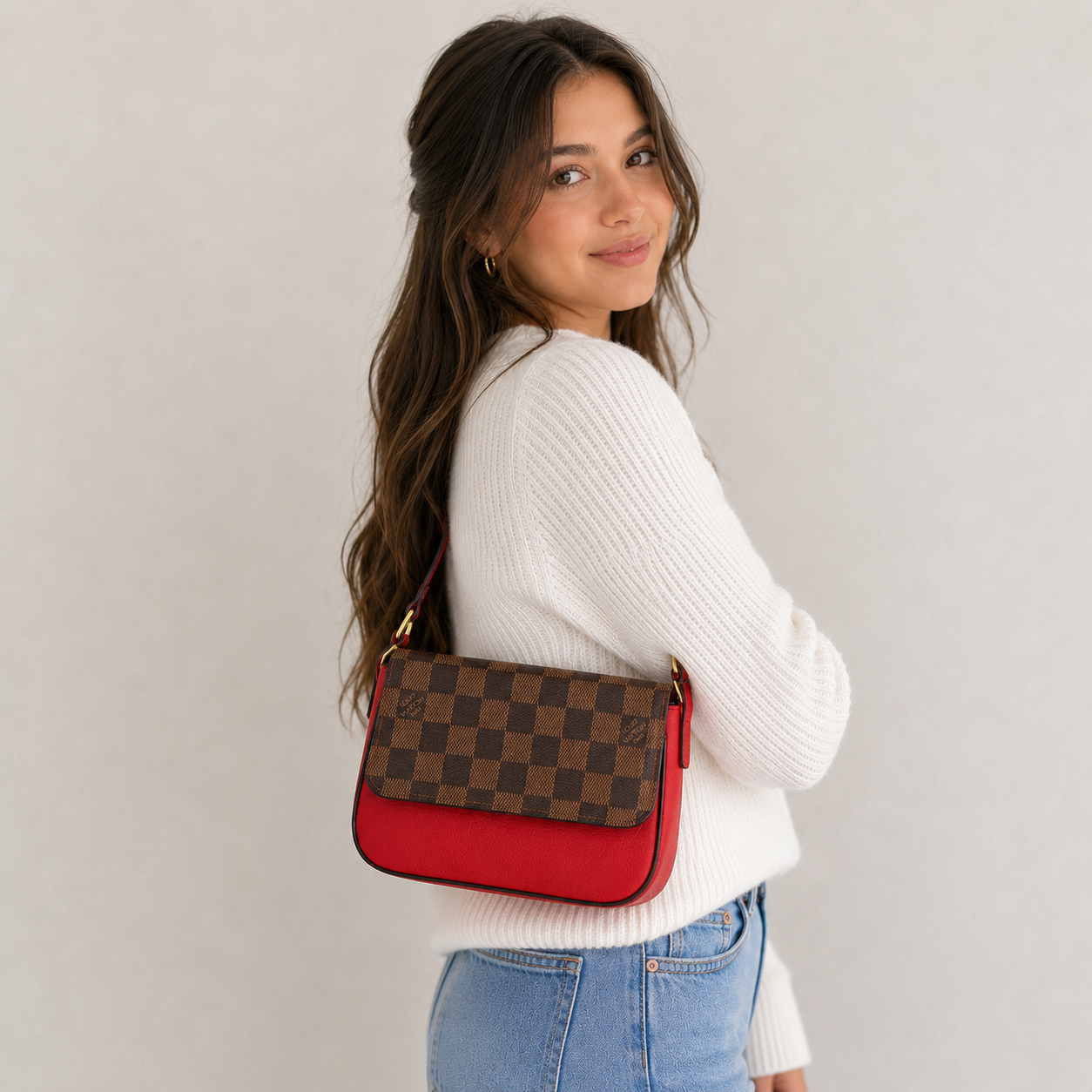 Miss Le Petite Brown Check Red Shoulder Bag