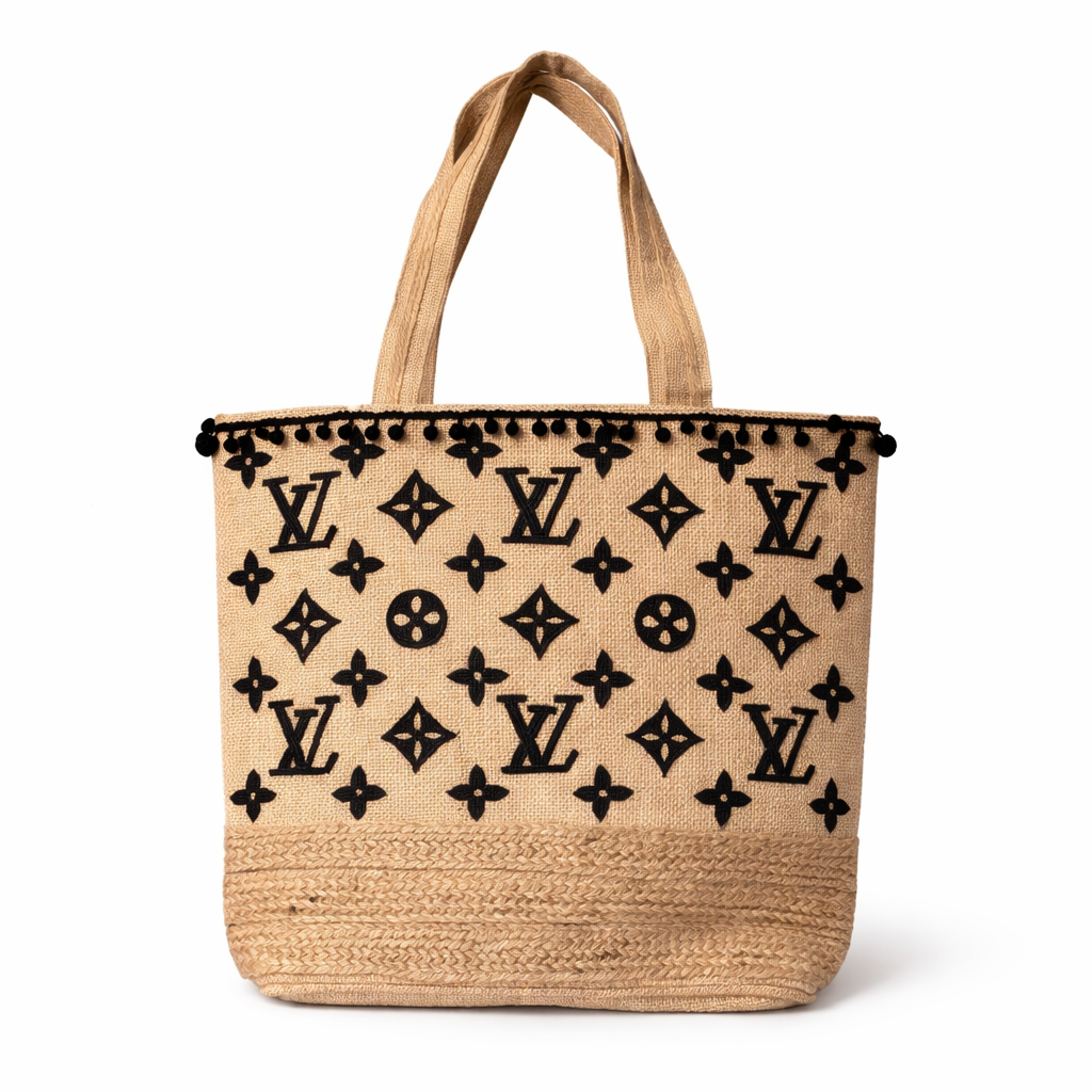Preorder Miss Palm - Beach Black Beaded Jute Tote With Zipper