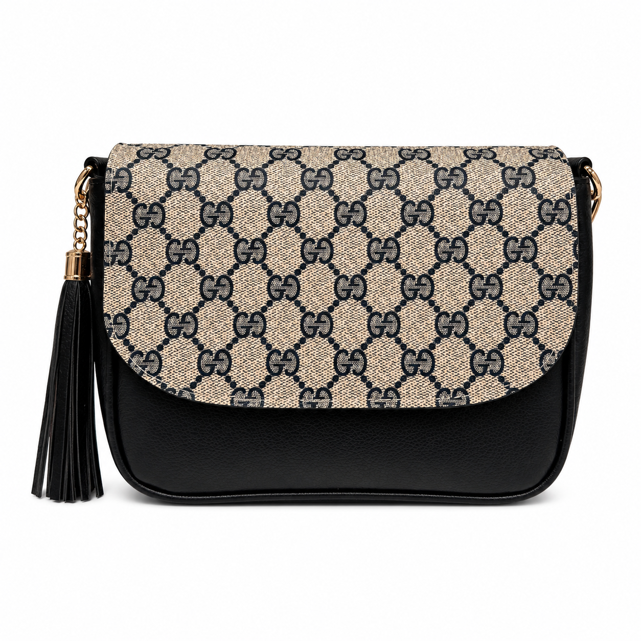 Miss Iconic - Navy Gigi Flap on Black Crossbody Bag With Stripe Strap