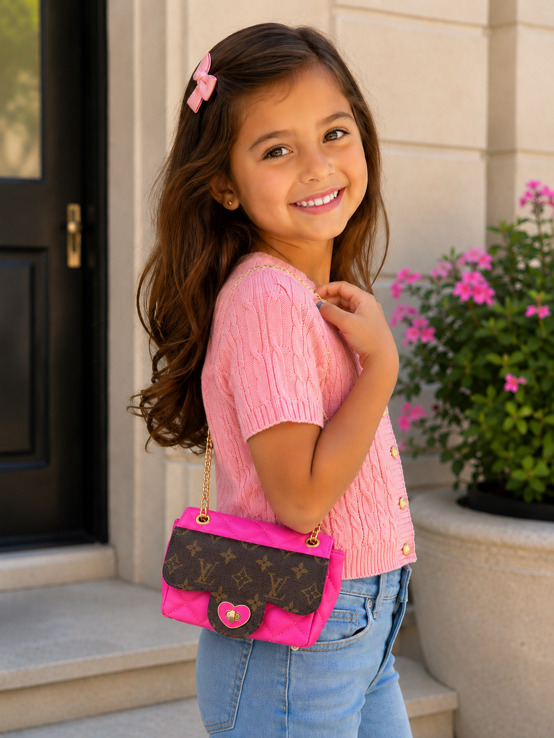 Little Miss Medium Girls Quilted Hot Pink Flap Bag