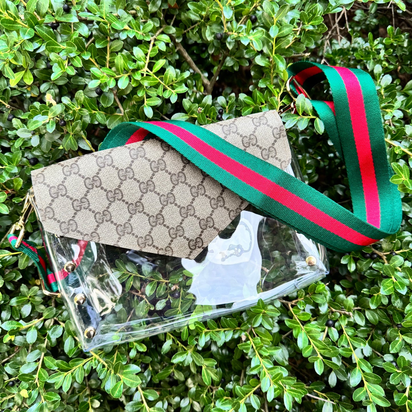 Preorder Large Clear Brown Gigi Stadium Bag With Studs & Stripe Strap