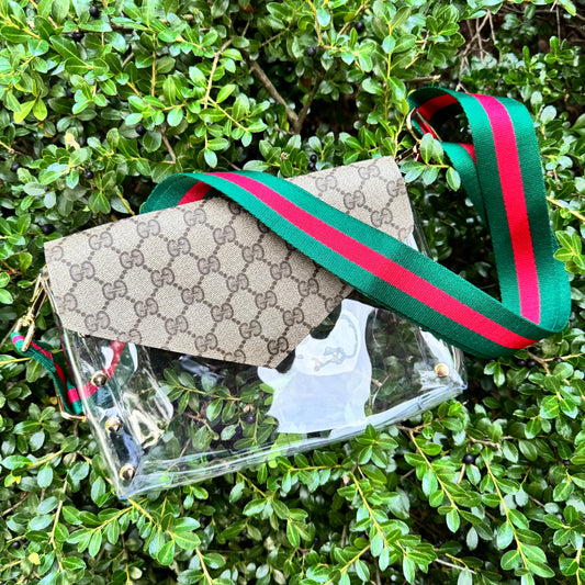 Preorder Large Clear Brown Gigi Stadium Bag With Studs & Stripe Strap