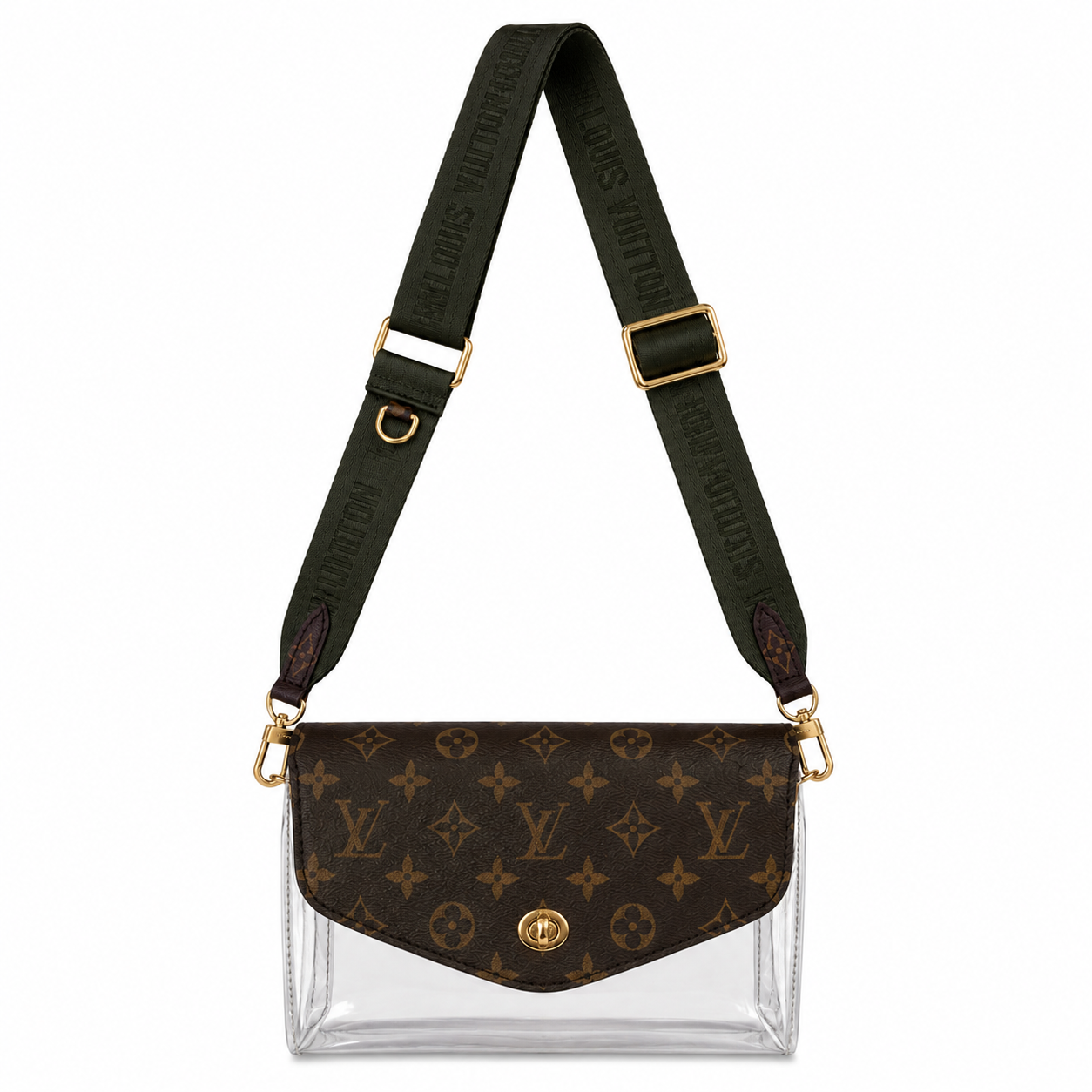 Miss Popularity Mono Clear Lulu Stadium Crossbody Bag With Army Green Strap
