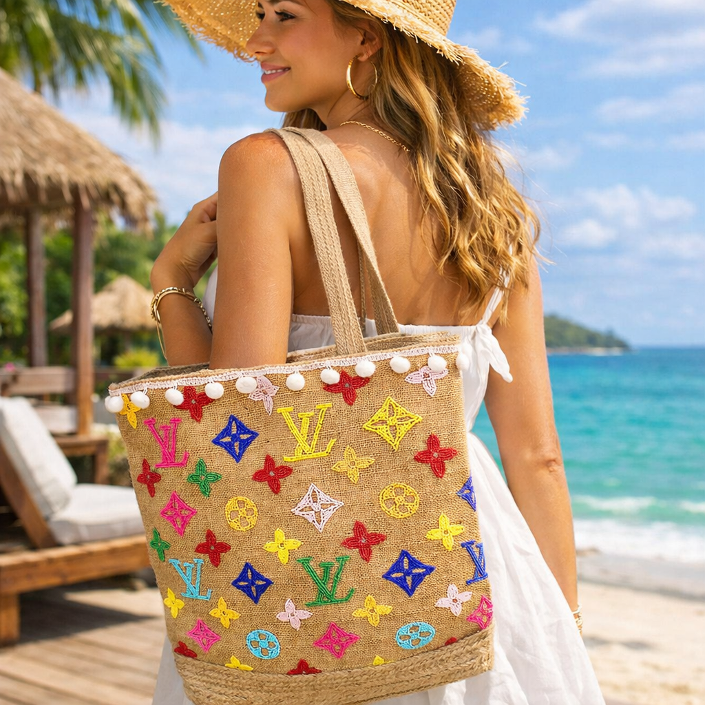 Preorder Miss Palm Beach - Multicolor Beaded Jute Tote With Zipper