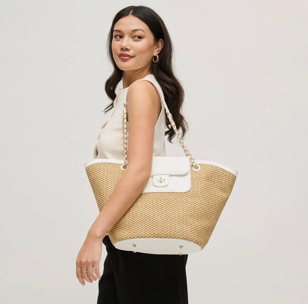 Miss Hamptons Woven Tote Bag With Chain
